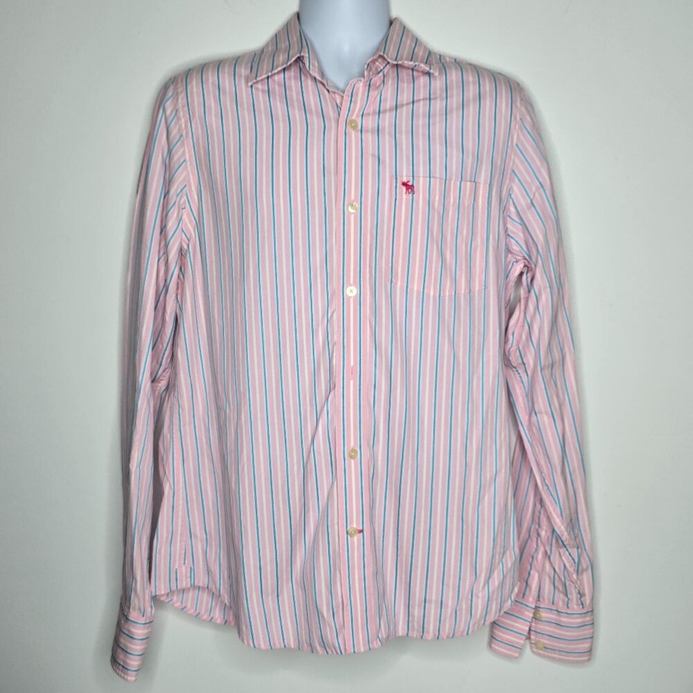 Abercrombie & Fitch Muscle Shirt Mens Large Button Pink Blue Stripe Moose Cotton